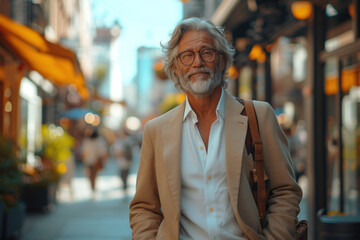 Obraz premium Senior man enjoying a leisurely walk in a vibrant city street