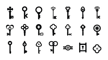 A set of 20 unique key icons, designed in a simple, black and white style.