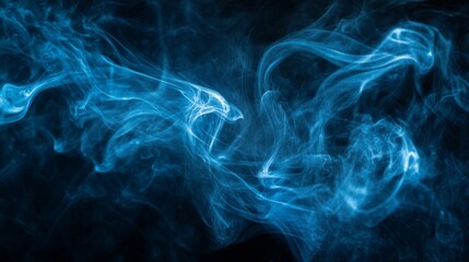 Abstract blue smoke swirling against a black background, mysterious and ethereal