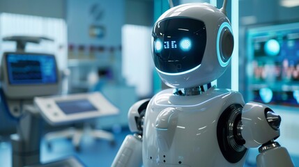Fototapeta premium A White Medical Robot with Blue Lights in a Hospital Setting