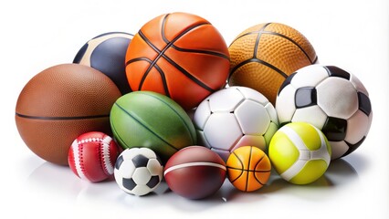 Colorful assortment of various sports balls, including soccer, basketball, tennis, volleyball, and baseball, arranged in a circular pattern on a white background.