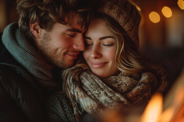 Smiling couple in warm clothing embracing and enjoying cozy moment by fireplace radiating warmth and joy, couple reflecting happiness of being together in love nest
