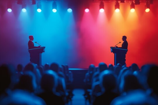 Two silhouetted figures debate on stage against dynamic background of vibrant red and blue colors, representing political opposition pre election debates for presidency
