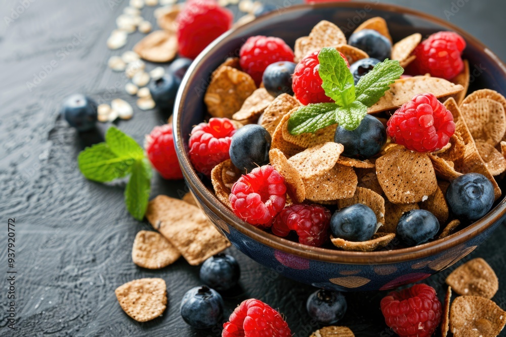 Wall mural A bowl of cereal topped with fresh berries, great for breakfast or snack