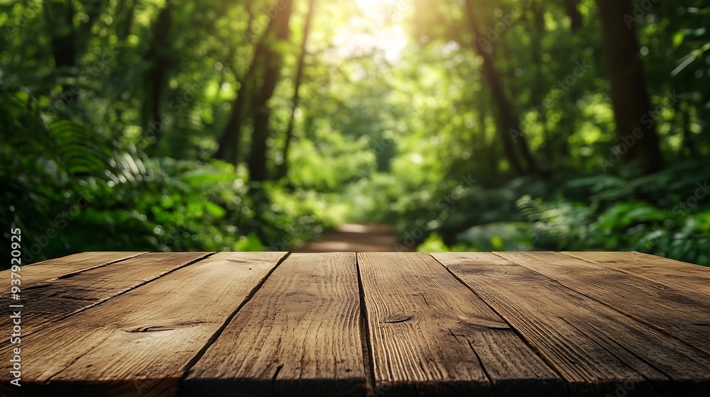 Poster empty wood table top with blur background of nature lush green forest the table giving copy space fo