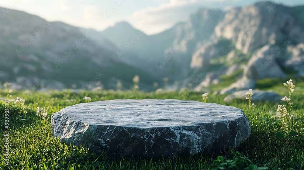 Aufkleber abstract 3d render platform and mockup natural background stone podium on the grass field backdrop m
