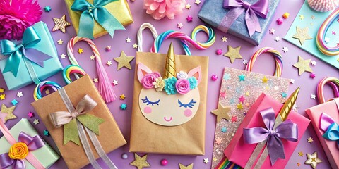 Obraz premium Colorful flat lay of craft supplies, including glittery paper, ribbons, and stickers, arranged to create magical unicorn-themed birthday party favor bags for a young girl's celebration.