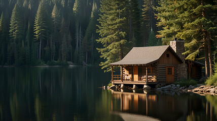 Fototapeta premium A rustic cabin by a tranquil lake, surrounded by a forest of tall pines. Background
