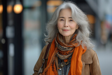 Fototapeta premium Elegant mature woman smiling outdoors in urban setting