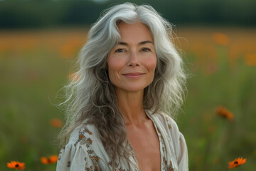 Serene portrait of mature woman in floral field enjoying nature