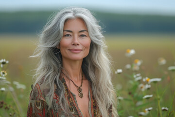 Serene portrait of mature woman in floral field enjoying nature