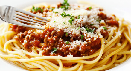A fresh plate of spaghetti Bolognese, beautifully garnished with Parmesan cheese and herbs. The pasta is vibrant against the white background, capturing its golden color and creamy texture. A fork tin