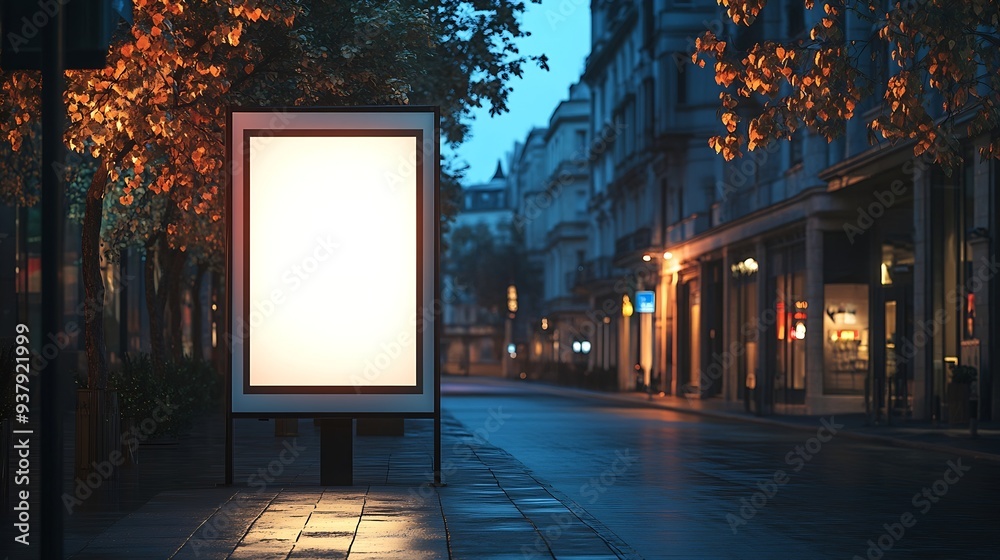 Poster blank white bus stop vertical billboard mockup in front of an empty street outdoor advertising light