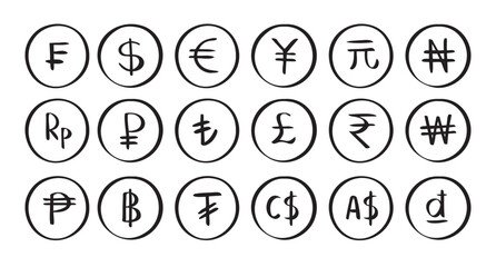 Hand drawn doodle set currency symbol. Currencies of different countries icons circle