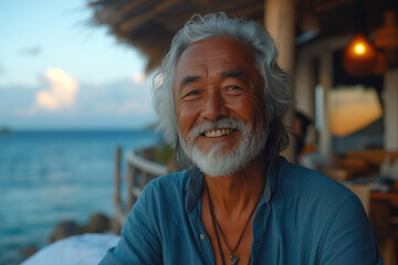 Smiling elderly man enjoying scenic ocean view at sunset