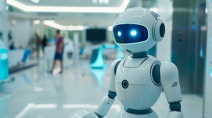 White humanoid robot with blue glowing eyes in a modern interior