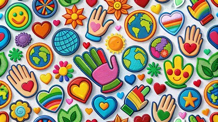 Colorful patches with volunteer-related icons, such as hearts, hands, and earth symbols, form a vibrant and uplifting pattern on a bright white background.