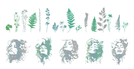 Detailed trendy design for natural products, wall art, social media, prints, invitations and branding design. Vector set of line drawings of decorated women's heads with flowers, plants and leaves.