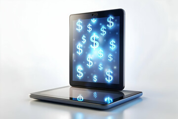 3D Tablet with Holographic Money Symbols concept as Vertical shot of a tablet on a white surface with glowing holographic money symbols floating above it offering a high impact Black Friday themed cop