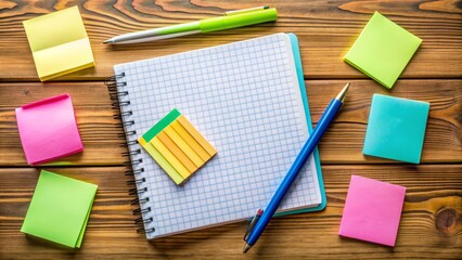 Colorful sticky notes and pens scattered on a wooden desk, surrounding a opened notebook with a written lesson plan, symbolizing educational preparation and strategy.
