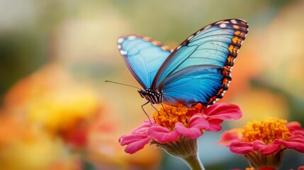Fototapeta premium Blue butterfly perched on a vibrant flower, capturing delicate details, nature concept