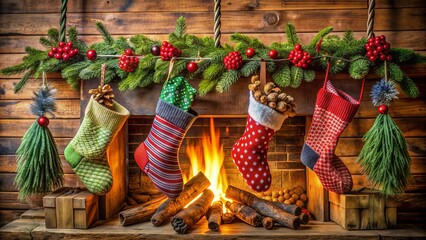Fototapeta premium Colorful stockings hang from a rustic wooden mantel, adorned with festive holly and pinecones, next to a crackling fireplace on a winter morning.