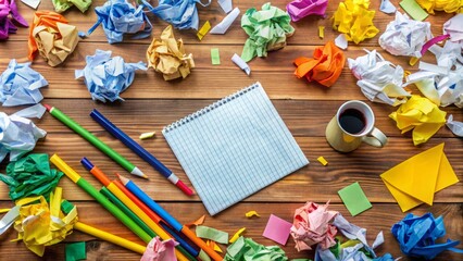 Obraz premium Colorful strips of torn paper scattered across a wooden desk, surrounded by office supplies and a few crumpled up balls of discarded notes.