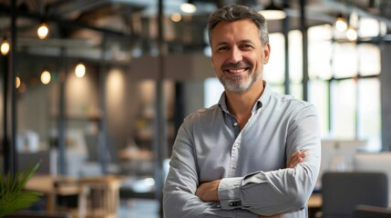 Fototapeta premium Smiling handsome businessman with crossed arms in modern office, middle-aged gray-haired man exuding confidence, business success concept.