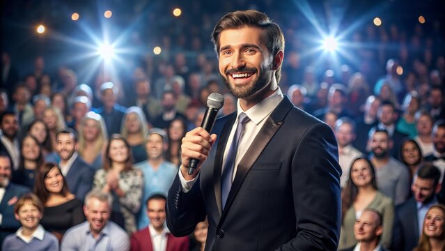 Confident and charismatic male emcee stands at a podium, microphone in hand, surveying the crowd with a friendly smile, exuding warmth and authority.