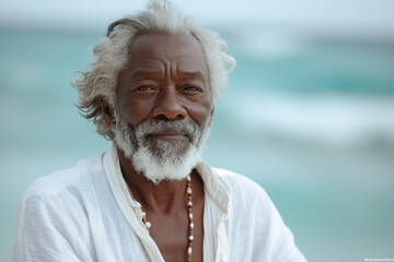 Confident elderly man enjoying serene ocean view on sunny day