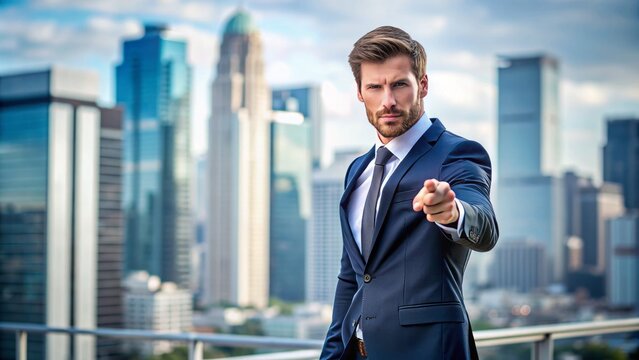 Confident businessman standing with feet shoulder-width apart, pointing forward with authority, wearing a navy blue suit and white shirt, against a blurred cityscape background.