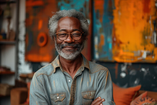 Smiling mature Black man standing in art studio with colorful paintings