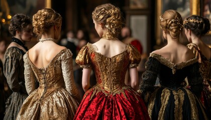 Elegant Renaissance Ball: AI-Generated Abstract Illustration of Grand Medieval Gala. Ornate Period Gowns, Cultural Fusion, and Artistic Freedom. Minimalist Composition with Stylish Gradient Textures. 