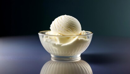 A Sleek Glass Bowl Cradling a Perfect Scoop of Creamy Vanilla Ice Cream with Visible Swirls, Elegantly Placed on a Flat Surface, Ideal for Showcasing Dessert Delicacy and Culinary Presentation