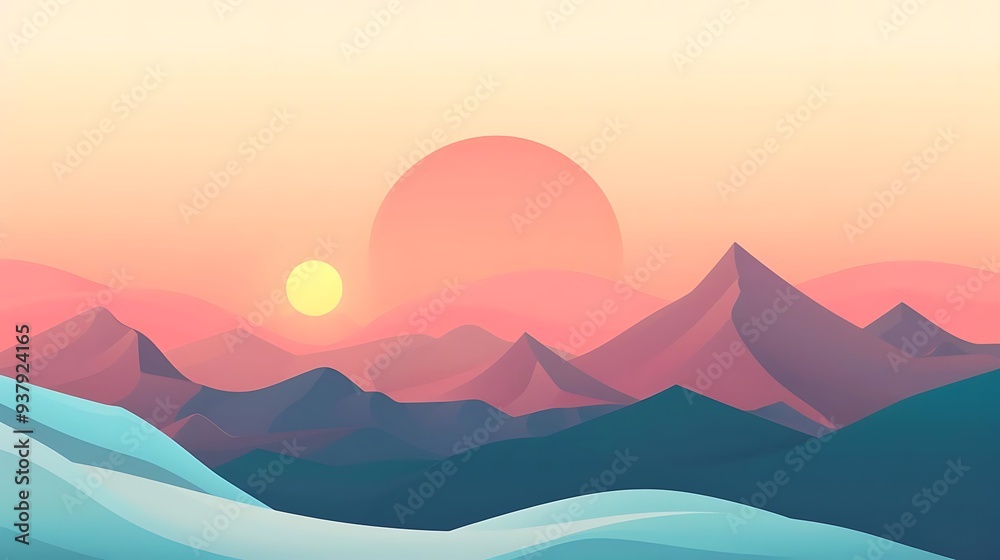 Sticker A serene digital landscape featuring mountains, a sunset, and soft colors.