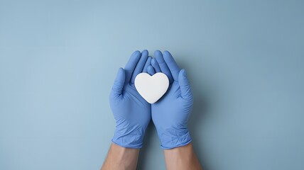 Hands in blue gloves holding a white heart symbol against a light blue background, emphasizing care and compassion in healthcare