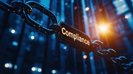 A close-up view of a compliance sign on a chain, symbolizing legal adherence and regulatory control in a digital environment.