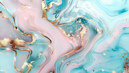 Fototapeta premium Beautiful luxury abstract fluid art painting in marble texture with liquid gold swirls, turquoise and pastel pink colors for elegant background design 
