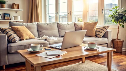Fototapeta premium Cozy living room with laptop and papers scattered on the couch, surrounded by books and empty coffee cups, conveying a sense of industrious home searching.