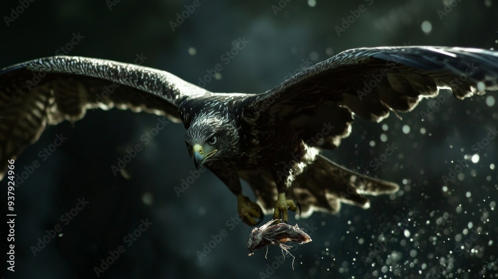 Poster Close-up of a bird catching prey in flight, with sharp focus on the bird and its environment