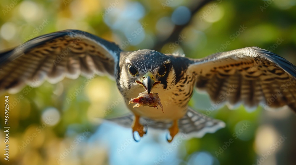 Poster Close-up of a bird catching prey in flight, with sharp focus on the bird and its environment