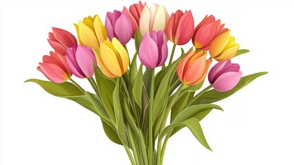 Colorful tulip bouquet, isolated on white background, flat design illustration