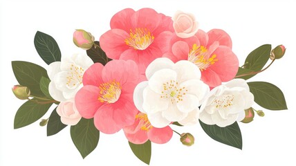 Obraz premium Camellia bouquet, isolated on white background, flat design illustration