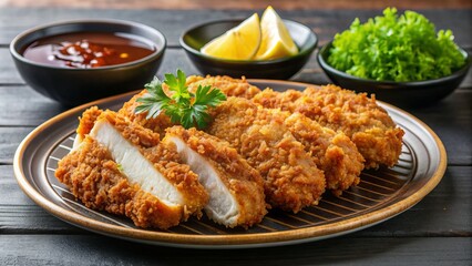 Crunchy breaded and fried pork cutlet served with a side of rich and creamy Worcestershire-based tonkatsu sauce for a savory indulgence.