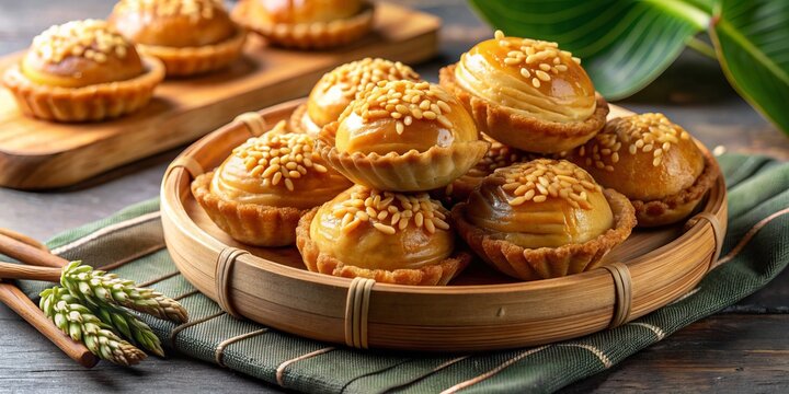 Crunchy, caramelized bakpia pastries, traditionally from Yogyakarta, Indonesia, overcooked to perfection, yielding a sweet, nutty flavor and crispy texture, perfect for snacking.