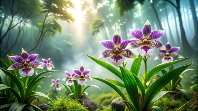 Dainty zygopetalum orchids with delicate white petals and intricate purple markings bloom in a lush green forest surrounded by misty atmosphere and soft natural light.