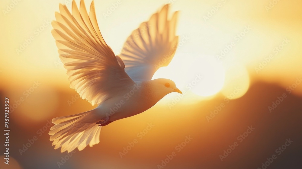 Poster close-up of a bird in flight, with detailed feathers and motion blur against a sunset backdrop