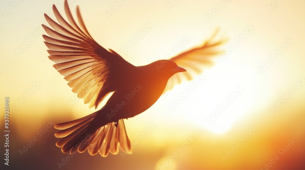 Poster close-up of a bird in flight, with detailed feathers and motion blur against a sunset backdrop