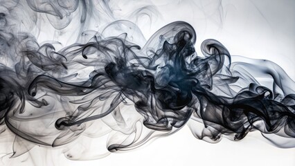 Dark, wispy tendrils of black steam smoke elegantly curl and swirl, suspended in mid-air against a pristine, creamy white background, evoking a sense of mystery.