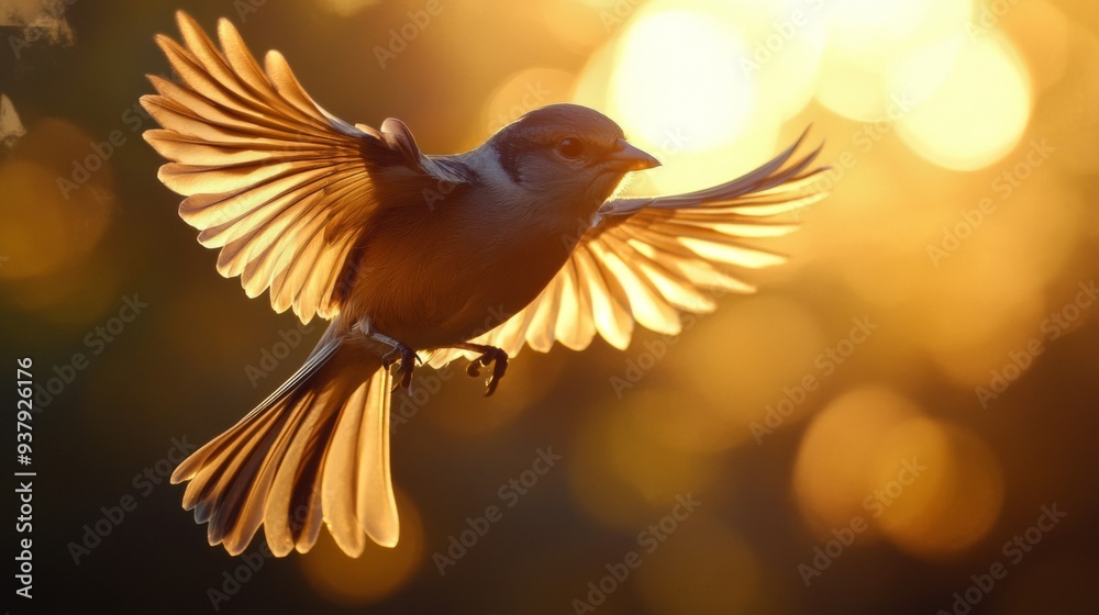 Poster close-up of a bird in flight, with detailed feathers and motion blur against a sunset backdrop